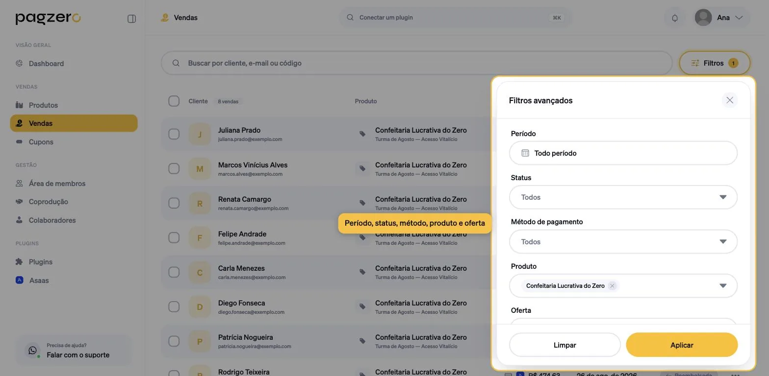 Painel Filtros avançados aberto, com Período, Status, Método de pagamento e Produto
