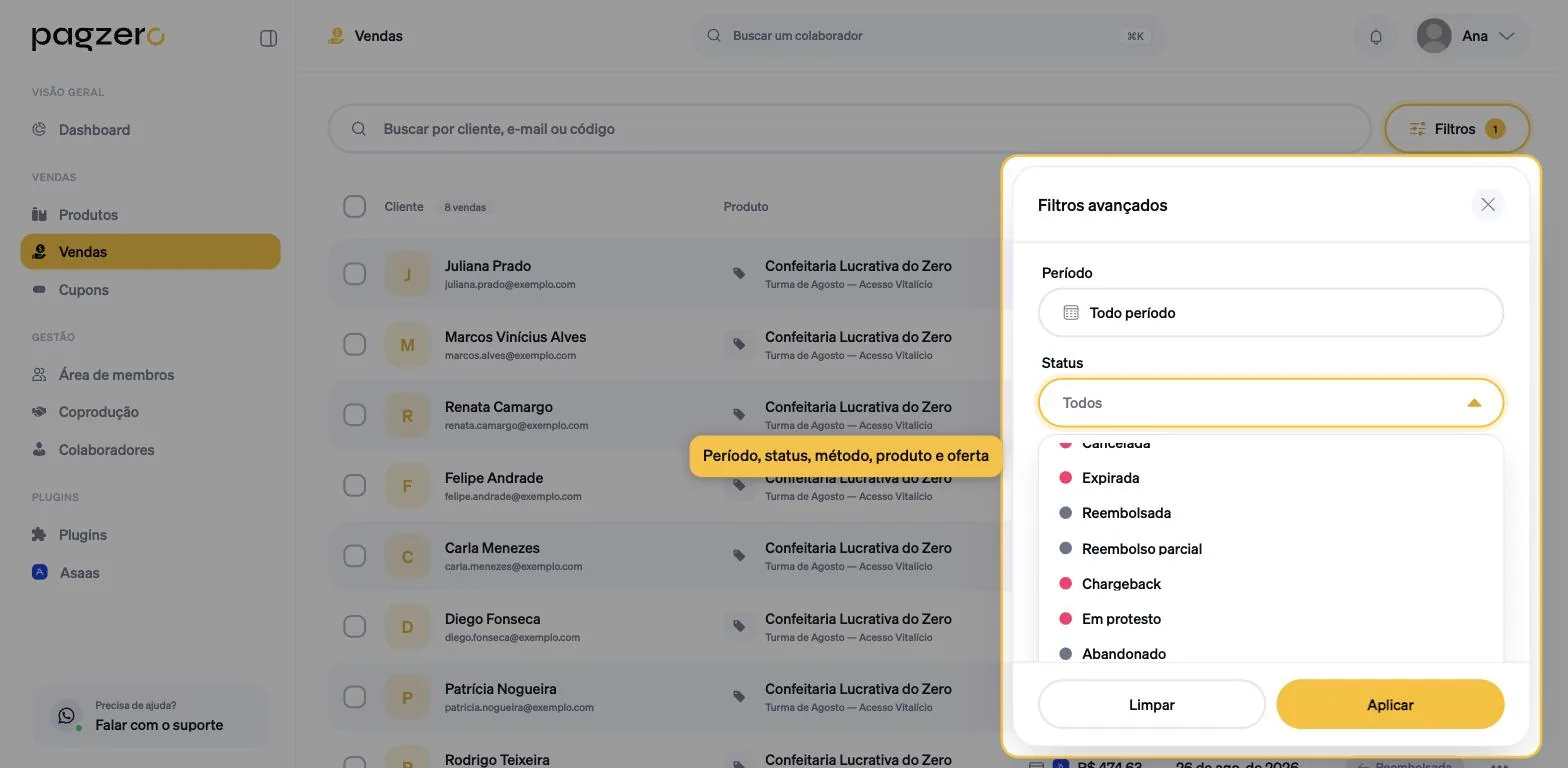 Continuação da lista de status, com Expirada, Reembolsada, Reembolso parcial, Chargeback, Em protesto e Abandonado