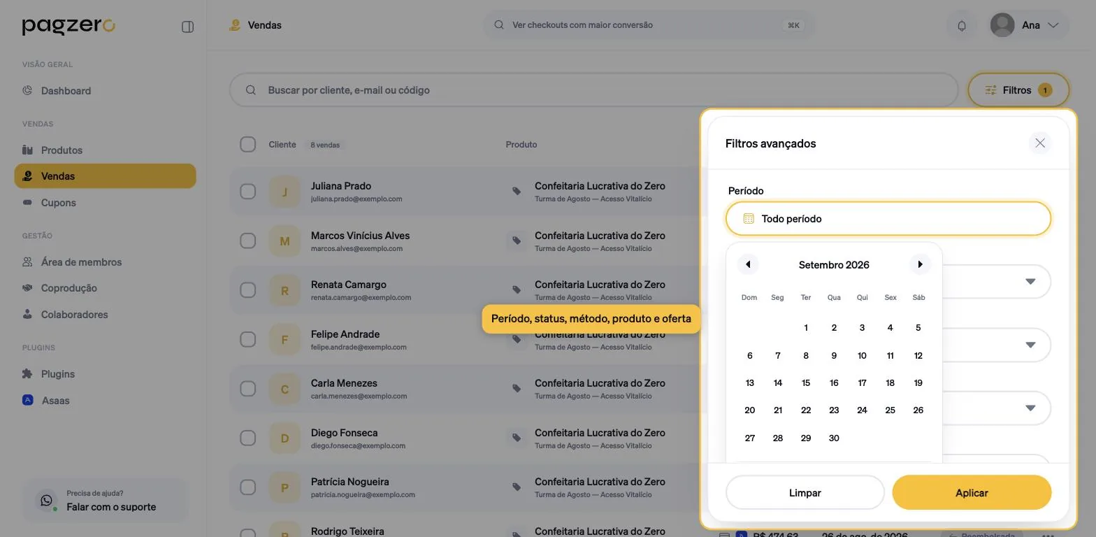 Filtro de período aberto, exibindo um calendário mensal
