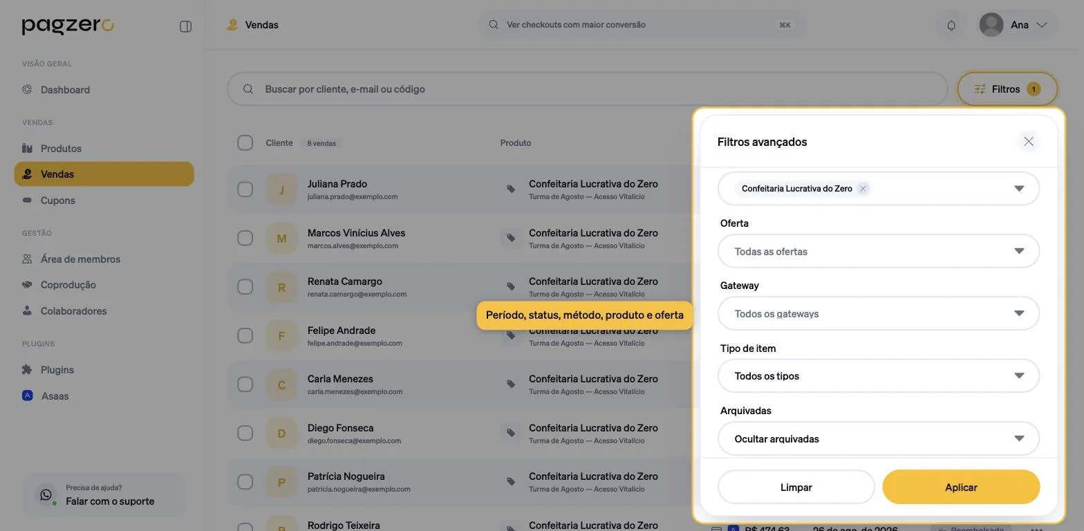 Parte inferior do painel, com os filtros Oferta, Gateway, Tipo de item e Arquivadas