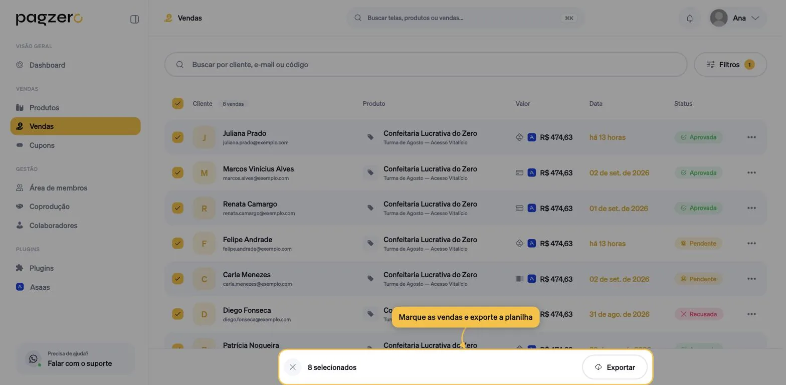 Todas as vendas marcadas, com a barra inferior mostrando 8 selecionados e o botão Exportar