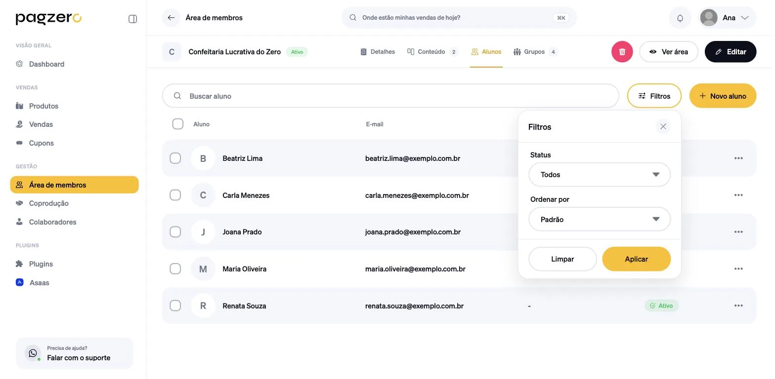 Painel Filtros aberto, com os campos Status e Ordenar por e os botões Limpar e Aplicar