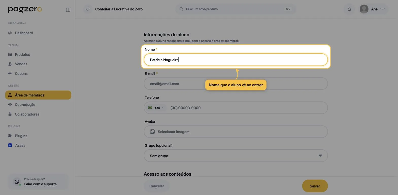 Campo Nome destacado no formulário de novo aluno, com o aviso de envio de e-mail no topo