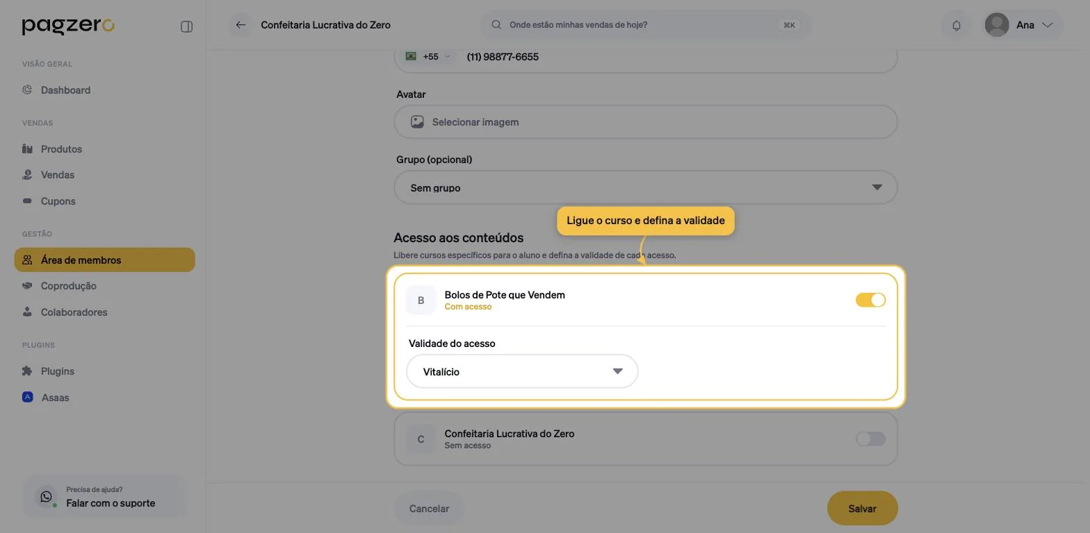 Seção Acesso aos conteúdos com o toggle de um curso ligado, revelando o campo Validade do acesso