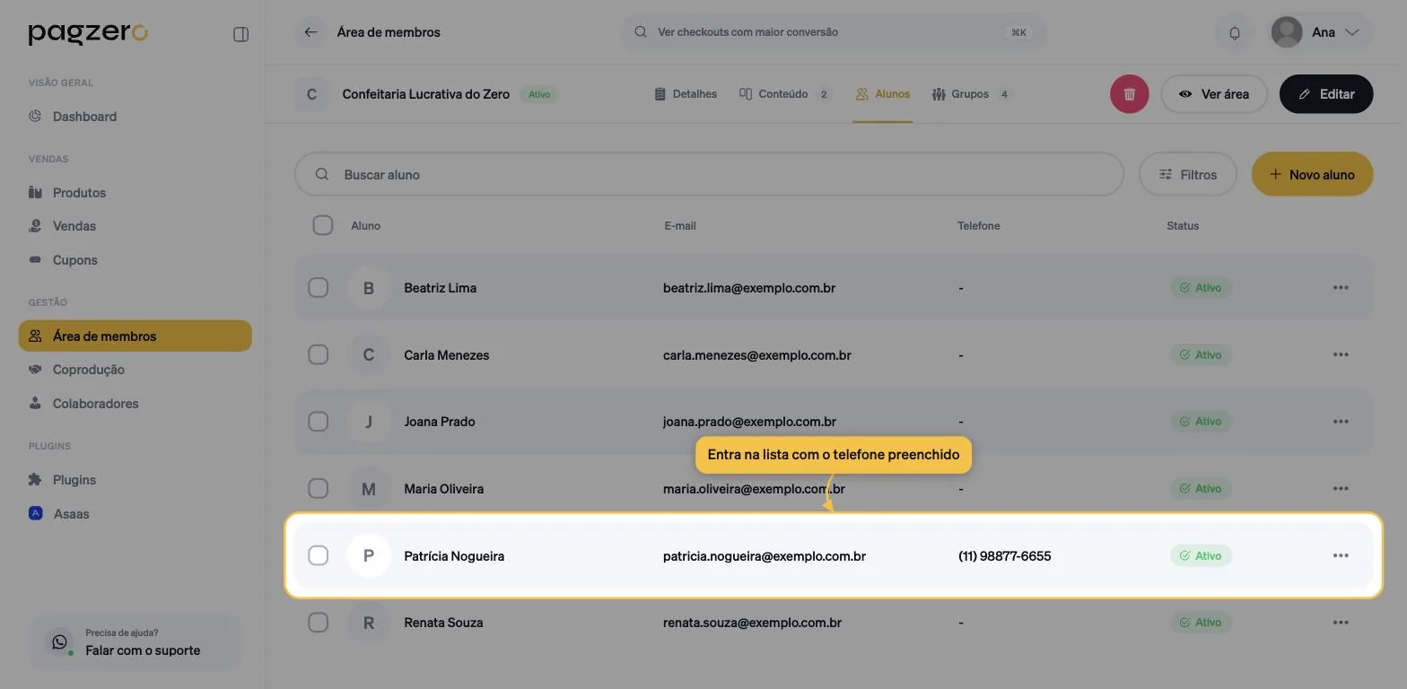 Lista de alunos com o aluno recém-criado destacado, exibindo o telefone preenchido e status Ativo
