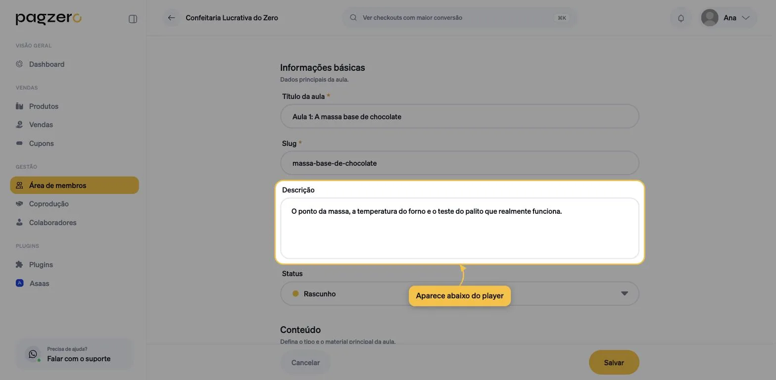Campo Descrição destacado, com um texto resumindo o conteúdo da aula