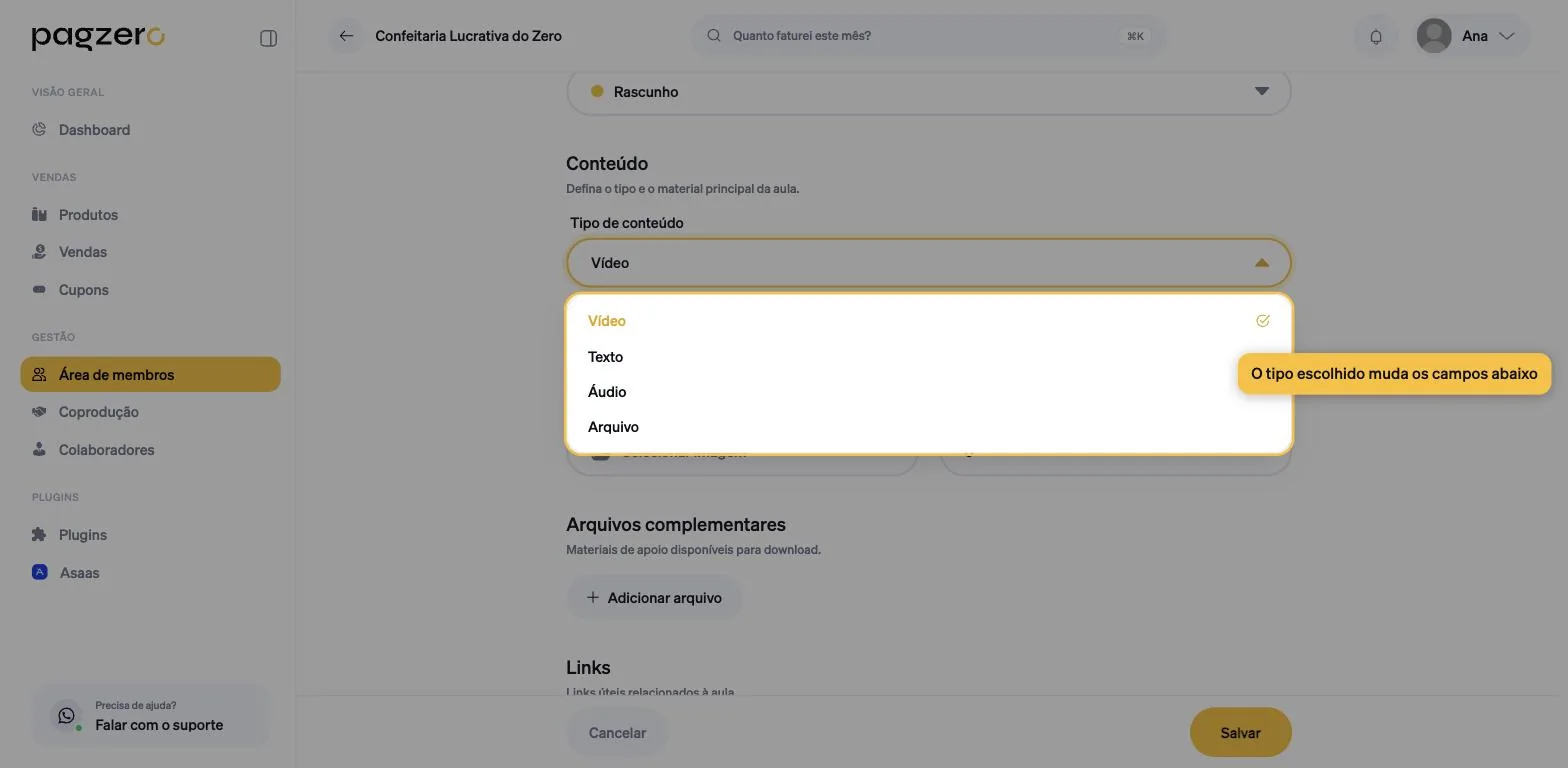 Campo Tipo de conteúdo com a lista aberta mostrando Vídeo, Texto, Áudio e Arquivo