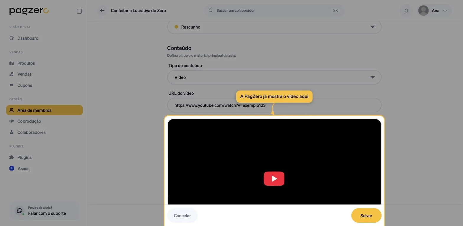 Preview do vídeo carregado logo abaixo do campo de URL, com o botão de play do YouTube