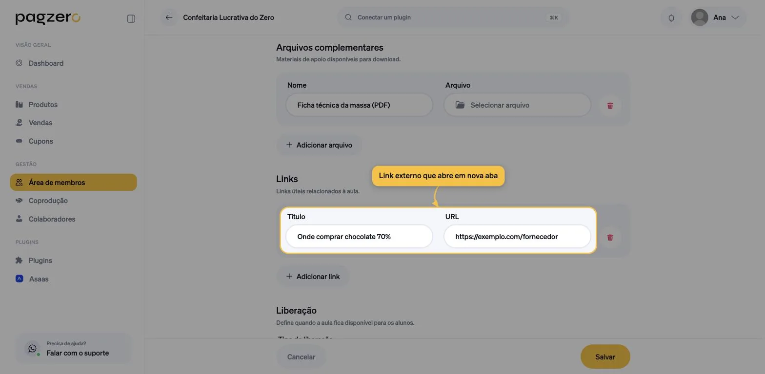 Bloco de link com os campos Título e URL preenchidos, e o ícone de lixeira ao lado