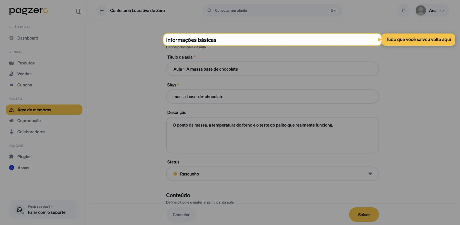 Tela de edição da aula com todos os campos preenchidos