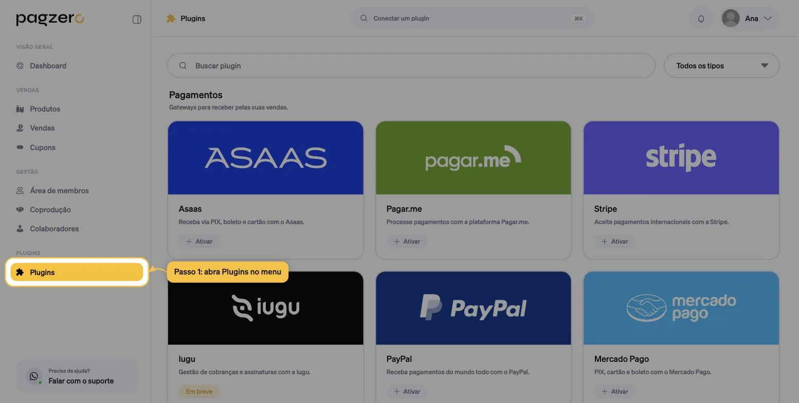 Menu lateral da PagZero com o item Plugins destacado