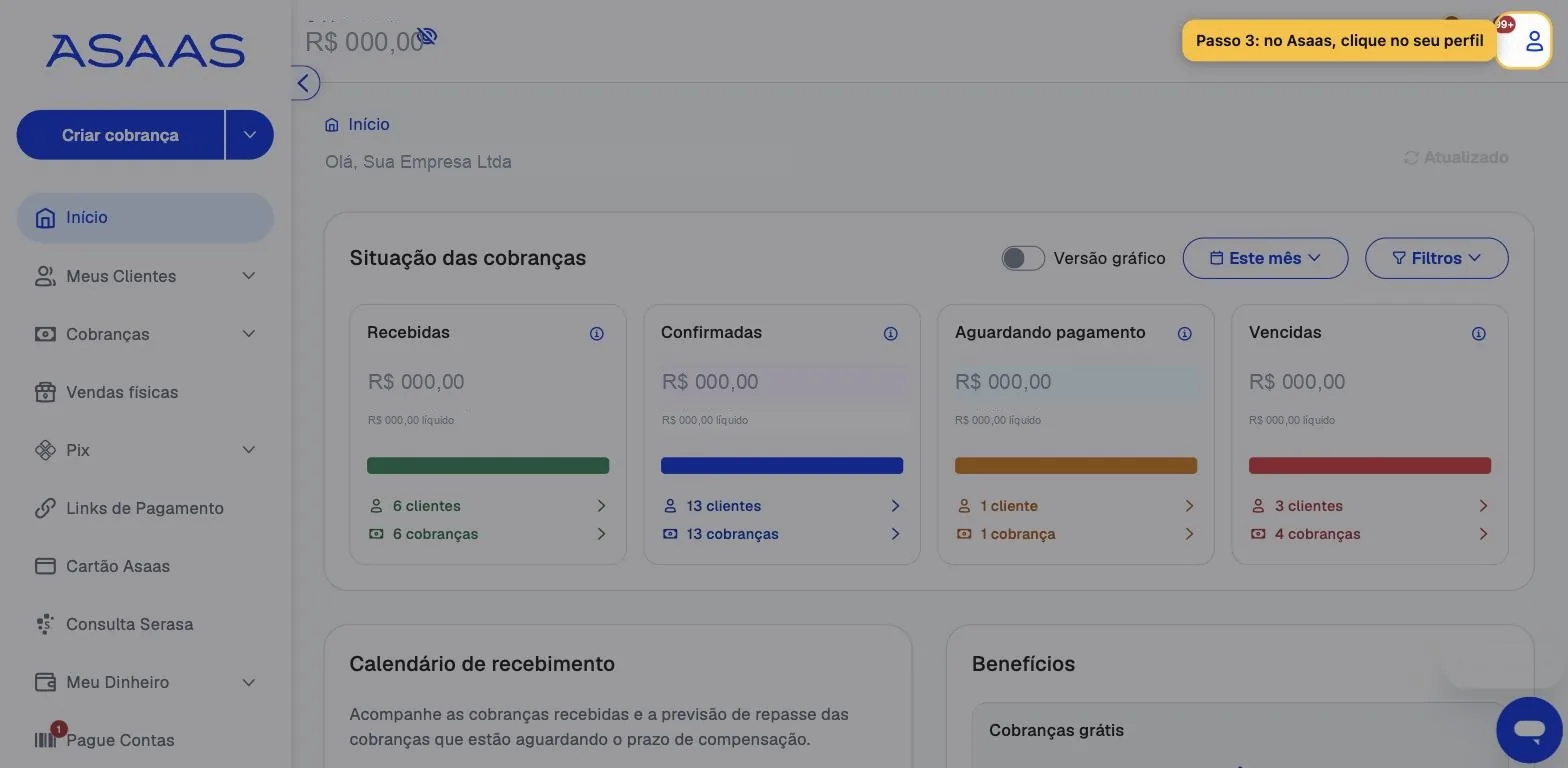 Painel do Asaas com o ícone de perfil no canto superior direito destacado