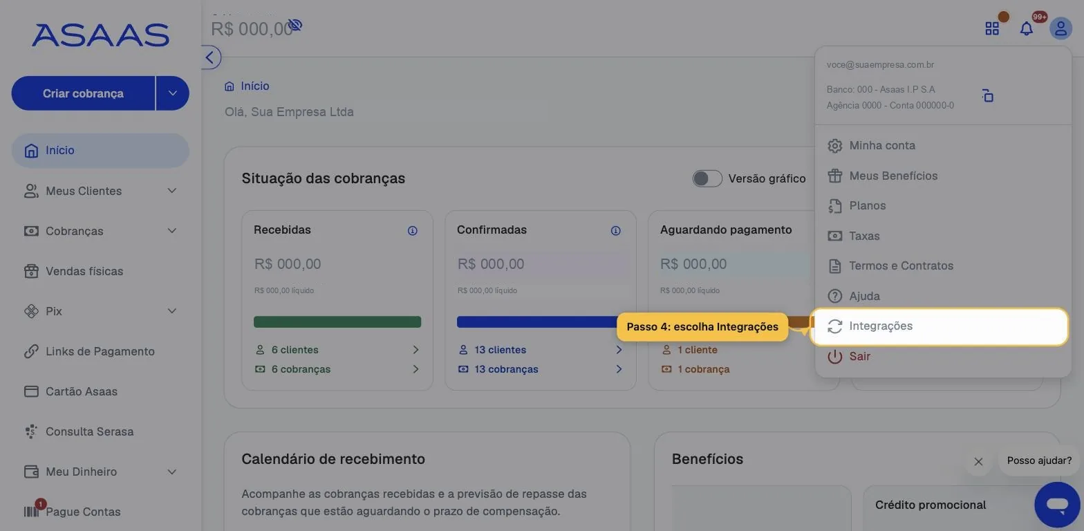Menu do perfil aberto no Asaas, com a opção Integrações destacada entre Ajuda e Sair