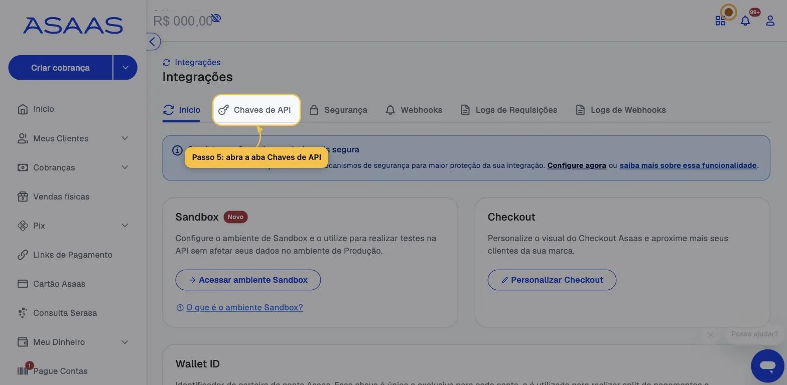 Página Integrações do Asaas com a aba Chaves de API destacada entre as seis abas disponíveis