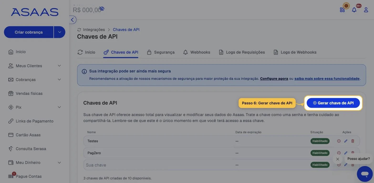 Aba Chaves de API com o botão Gerar chave de API destacado no canto direito