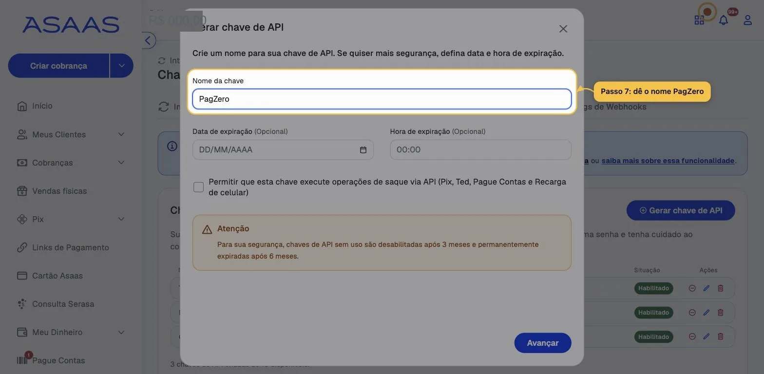 Modal Gerar chave de API com o campo Nome da chave destacado e preenchido com PagZero