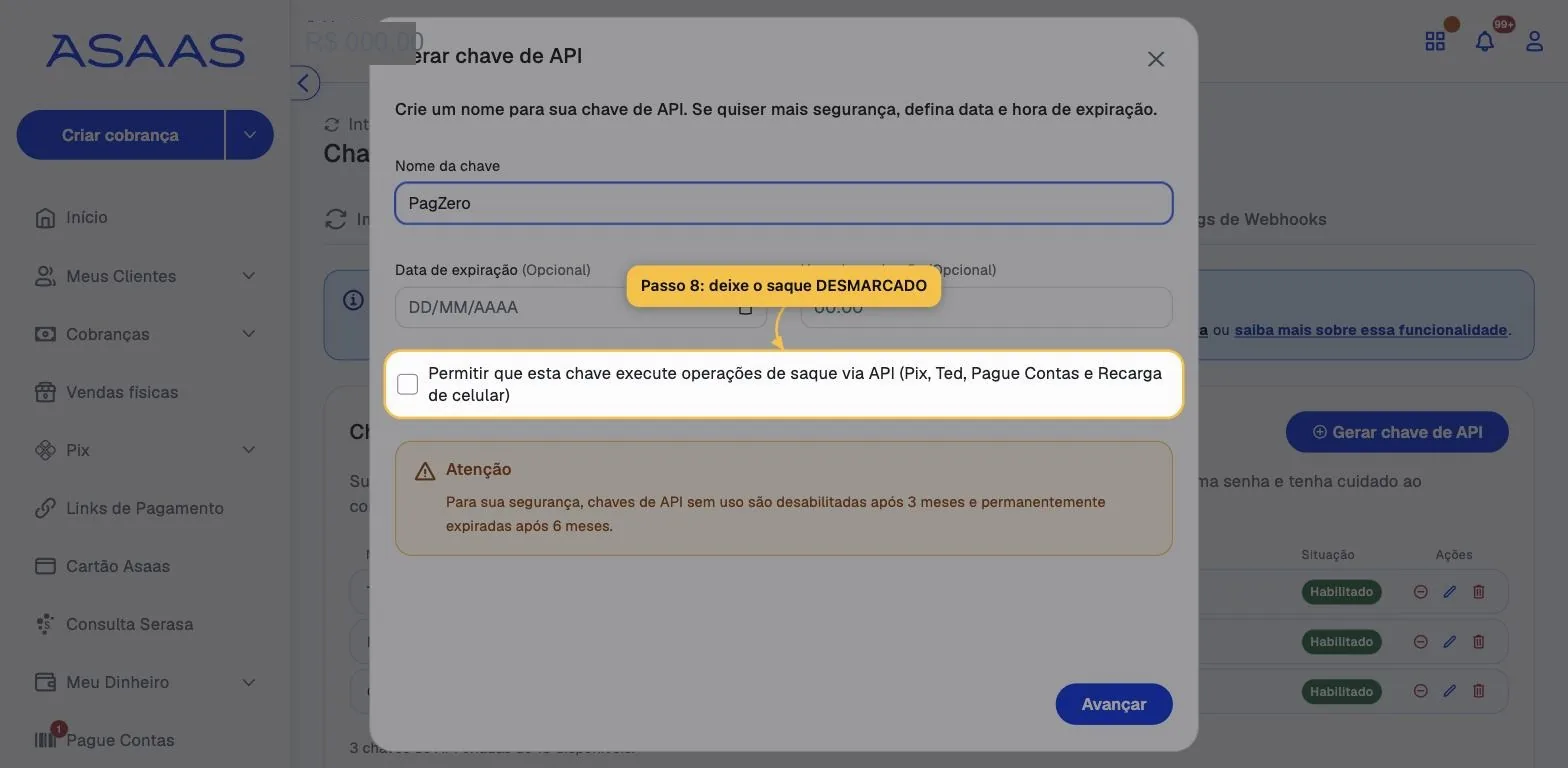 Checkbox de permitir operações de saque destacado no modal, exibido desmarcado