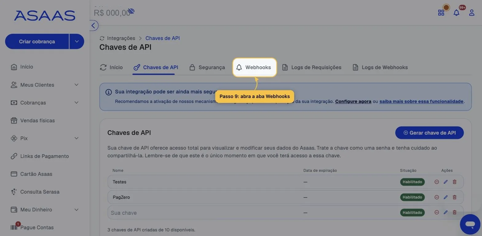 Abas da página de Integrações com a aba Webhooks destacada