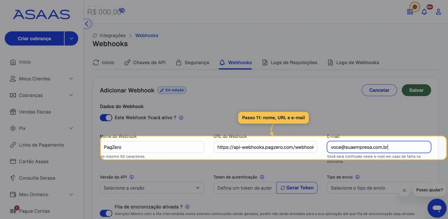 Formulário de webhook do Asaas com Nome, URL e E-mail preenchidos