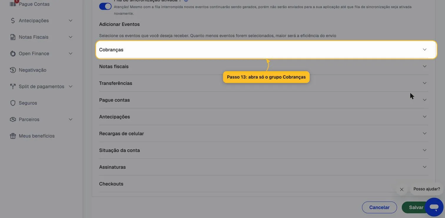 Seção Adicionar Eventos com o grupo Cobranças destacado entre os demais grupos