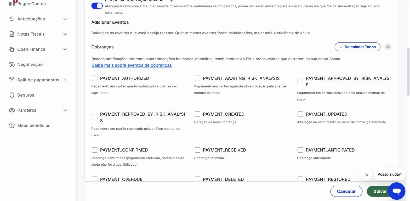 Grupo Cobranças aberto no Asaas, com os eventos em checkbox e a descrição de cada um