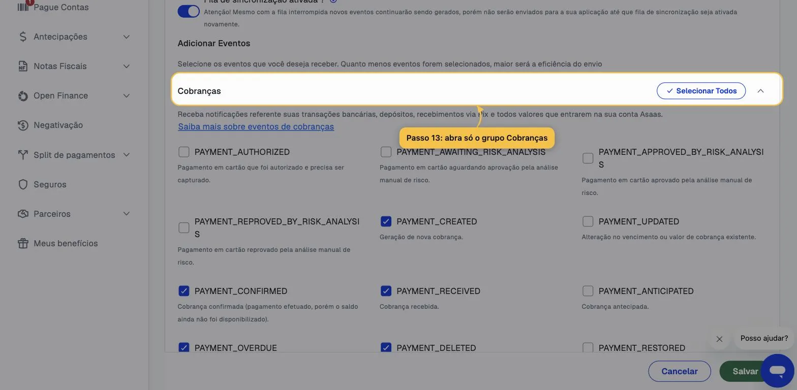 Cinco eventos marcados na lista de Cobranças: PAYMENT_CREATED, PAYMENT_CONFIRMED, PAYMENT_RECEIVED, PAYMENT_OVERDUE e PAYMENT_DELETED