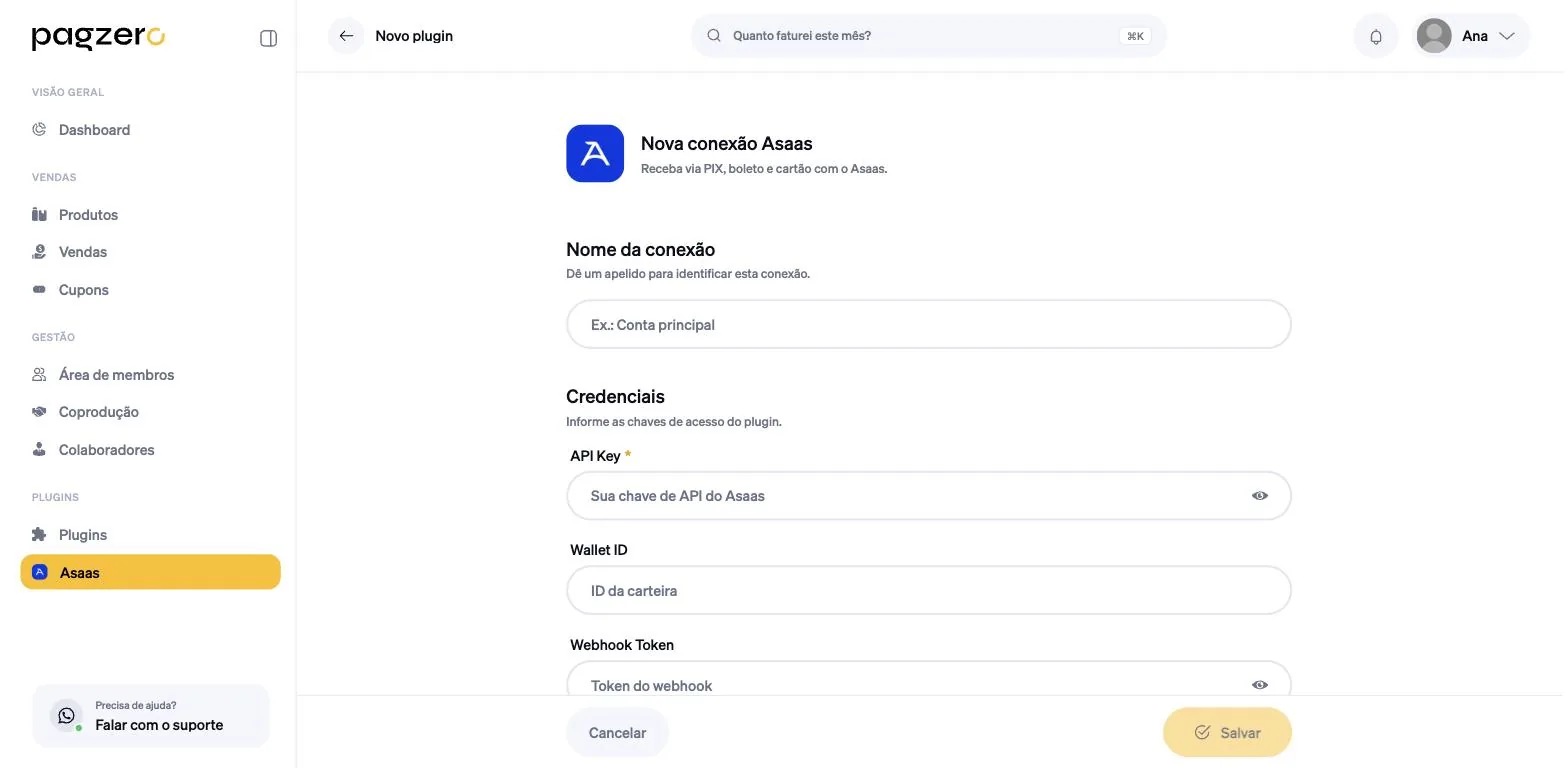 Formulário de nova conexão com os campos Nome da conexão, API Key, Wallet ID e Webhook Token