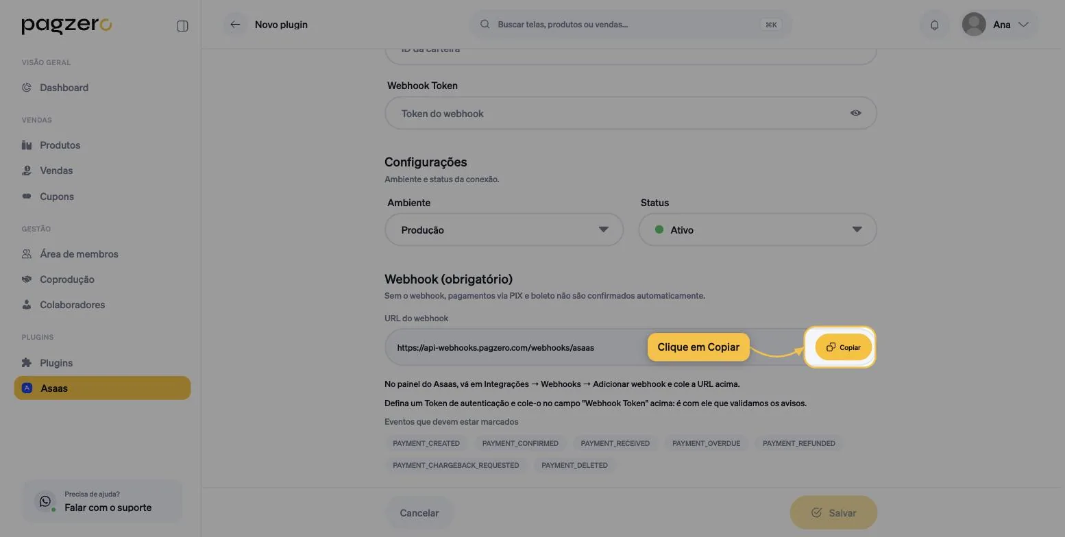 Seção Webhook obrigatório na PagZero, com a URL do webhook destacada e o botão Copiar