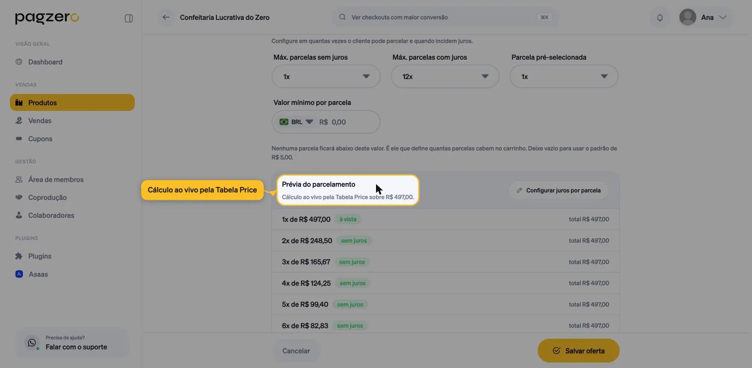 Seção Prévia do parcelamento exibindo o cálculo ao vivo, com 1x de R$ 497,00 à vista e as demais parcelas sem juros