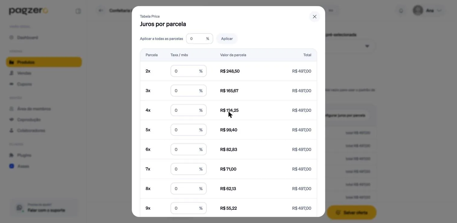 Modal Juros por parcela com uma taxa mensal editável para cada parcela e o campo Aplicar a todas as parcelas