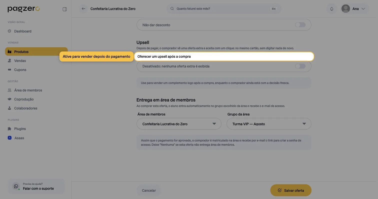 Seção Upsell da oferta, com a chave Oferecer um upsell após a compra desligada