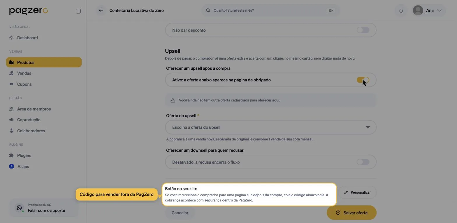 Seção Botão no seu site, com a explicação de colar o código numa página própria e o botão Personalizar