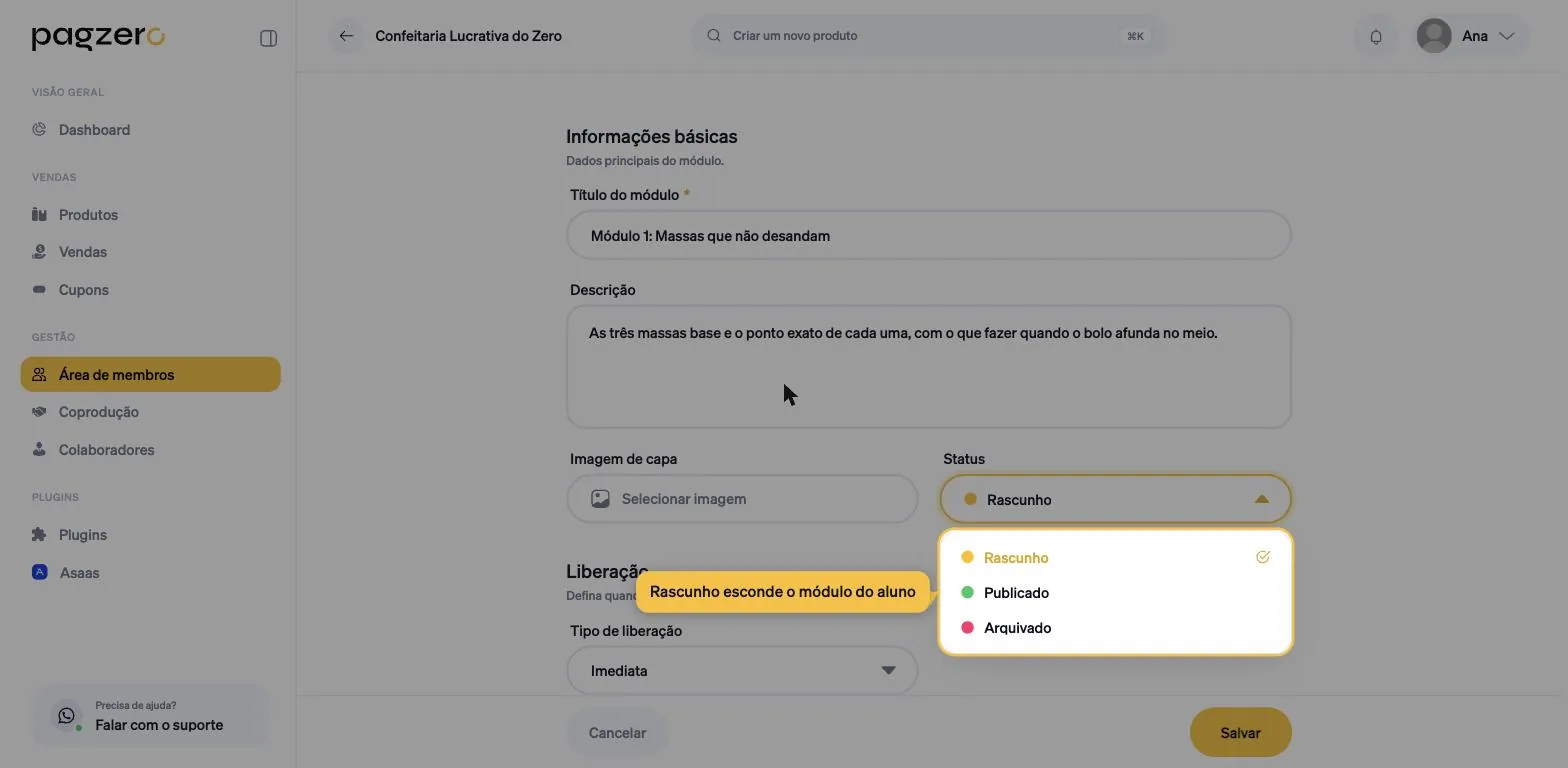 Campo Status com a lista aberta mostrando Rascunho, Publicado e Arquivado