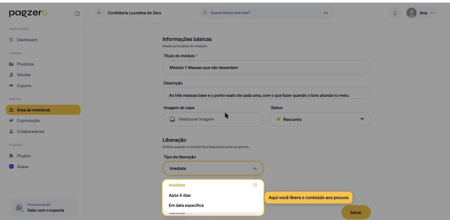 Campo Tipo de liberação com a lista aberta mostrando Imediata, Após X dias e Em data específica
