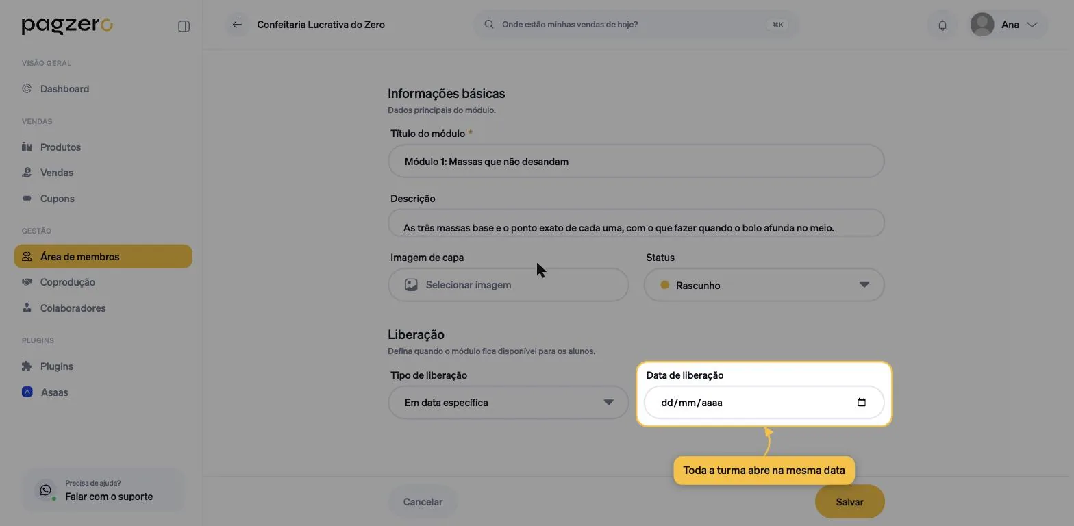 Regra Em data específica selecionada, revelando o campo Data de liberação