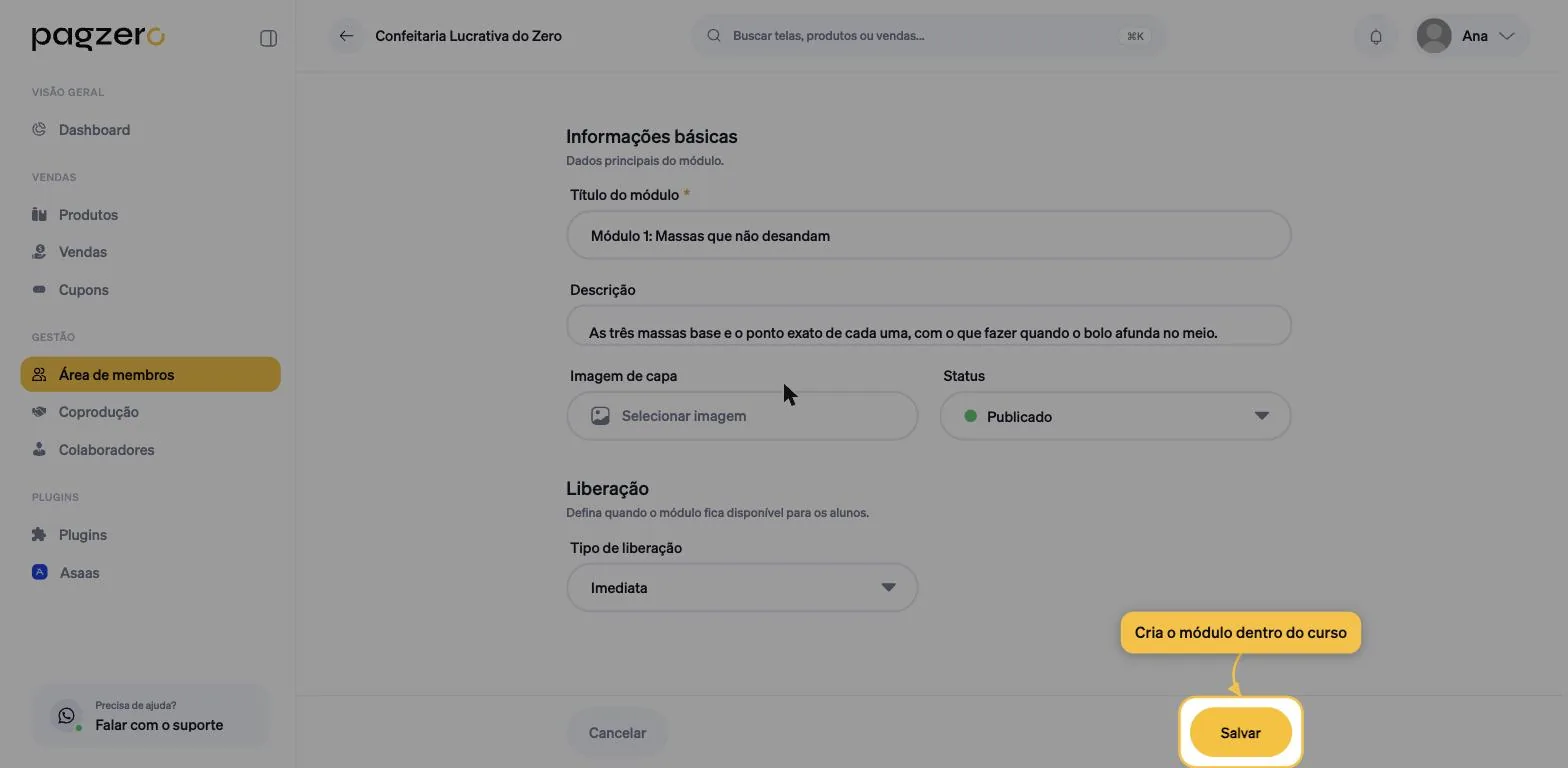 Formulário do módulo completo, com Status Publicado e Tipo de liberação Imediata, e o botão Salvar destacado
