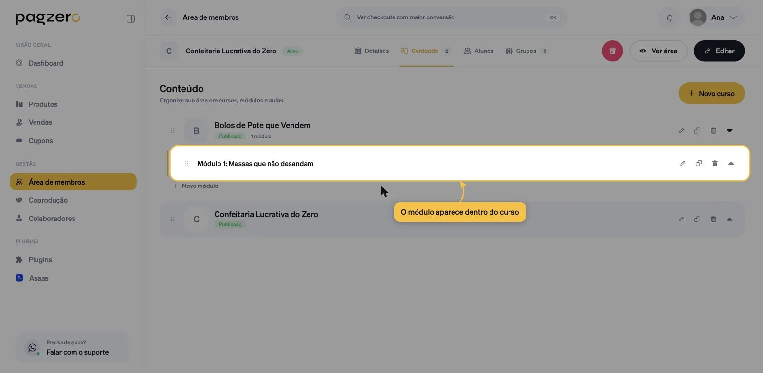 Curso expandido mostrando o módulo recém-criado indentado abaixo dele, com o contador 1 módulo