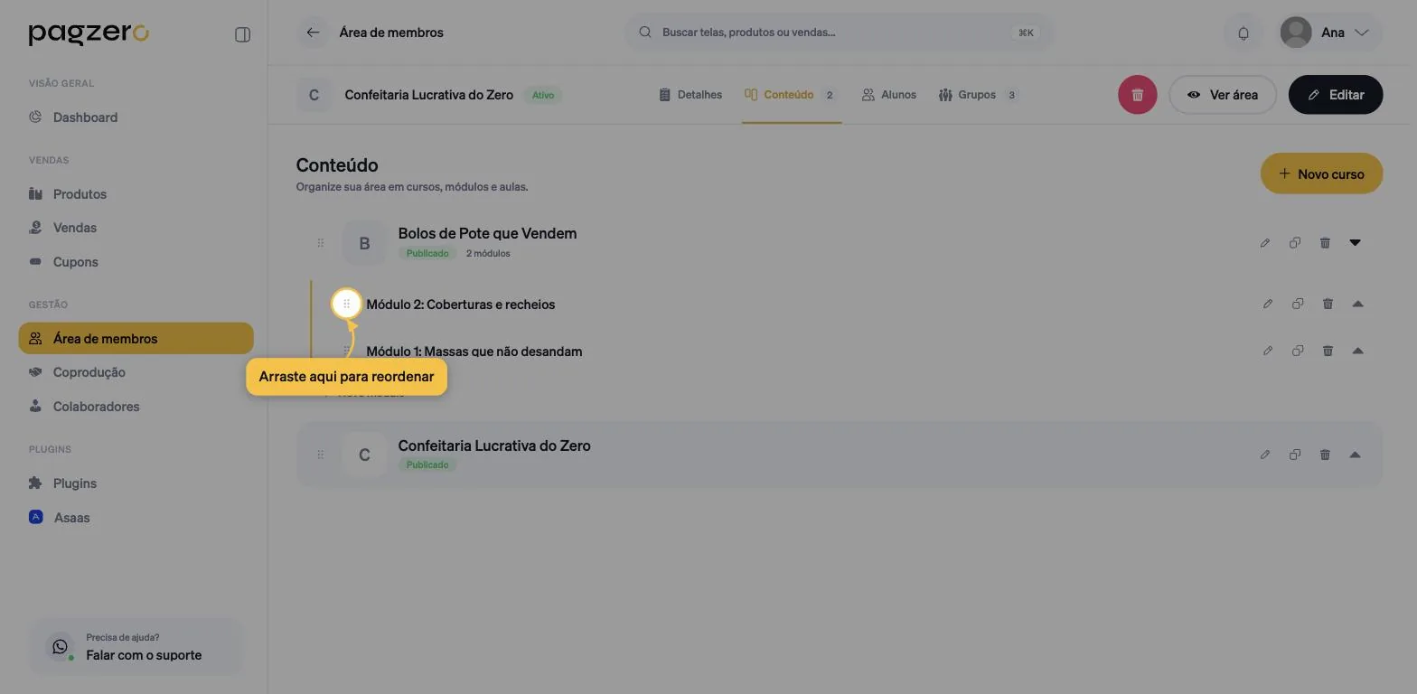 Dois módulos na lista, com a alça de seis pontinhos destacada à esquerda do primeiro