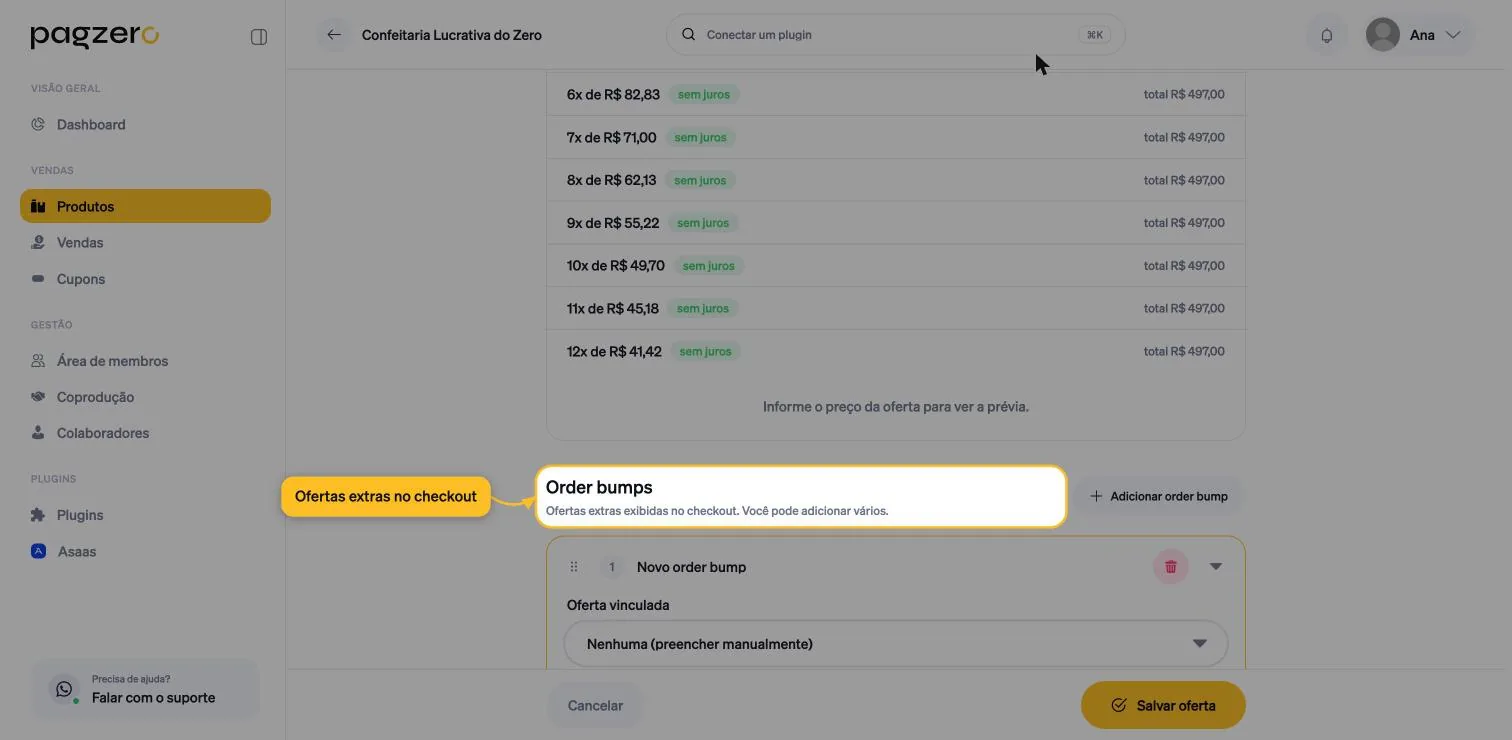 Seção Order bumps da oferta, com o botão Adicionar order bump ao lado