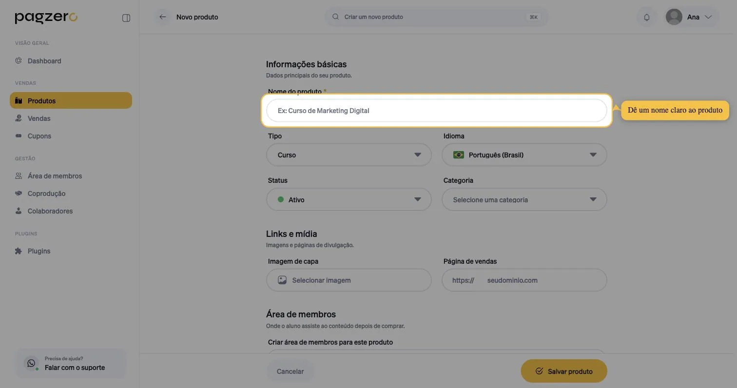 Seção Informações básicas do formulário de novo produto