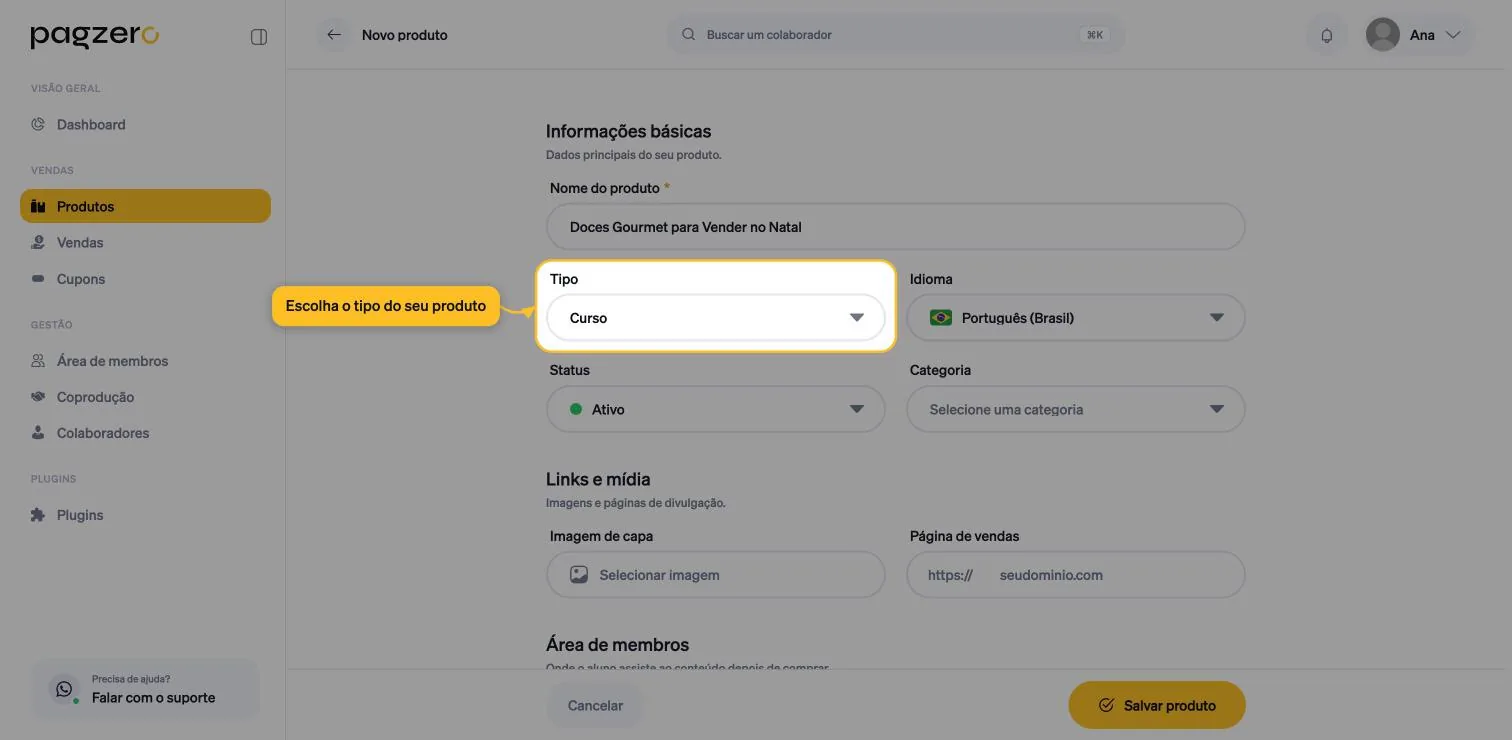 Campo Tipo do produto destacado, com a opção Curso selecionada