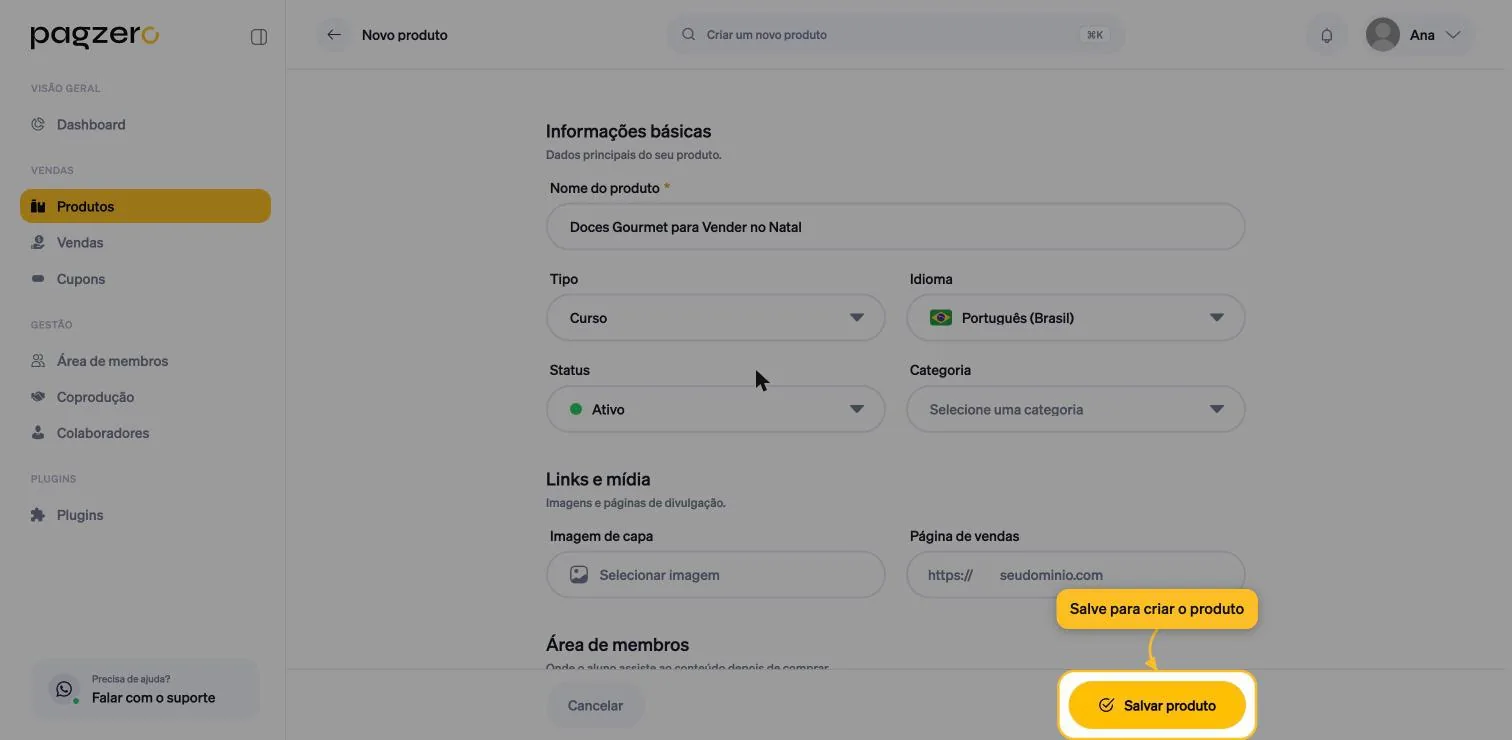 Botão Salvar produto destacado no rodapé do formulário