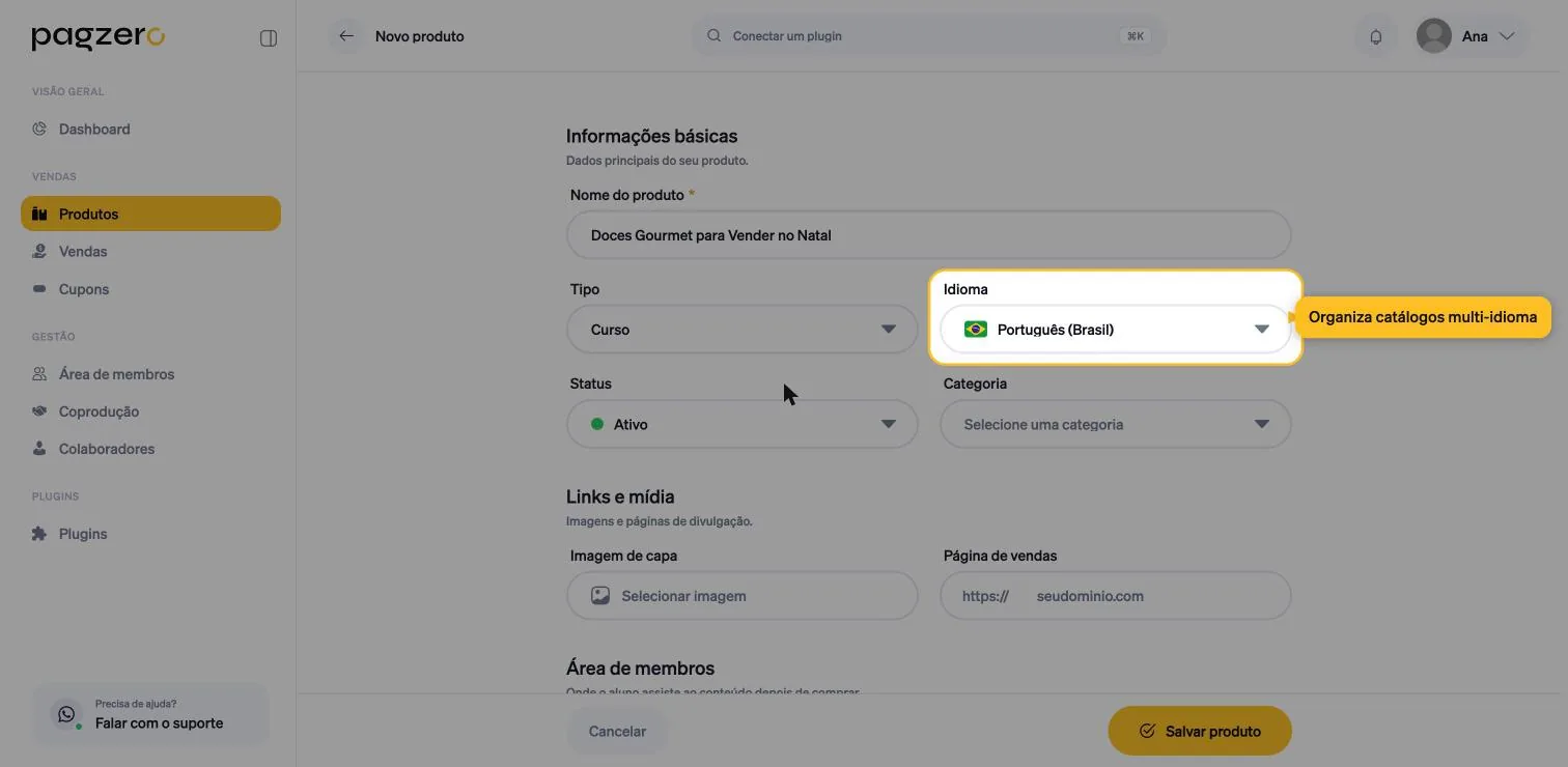 Campo Idioma destacado, com Português (Brasil) selecionado