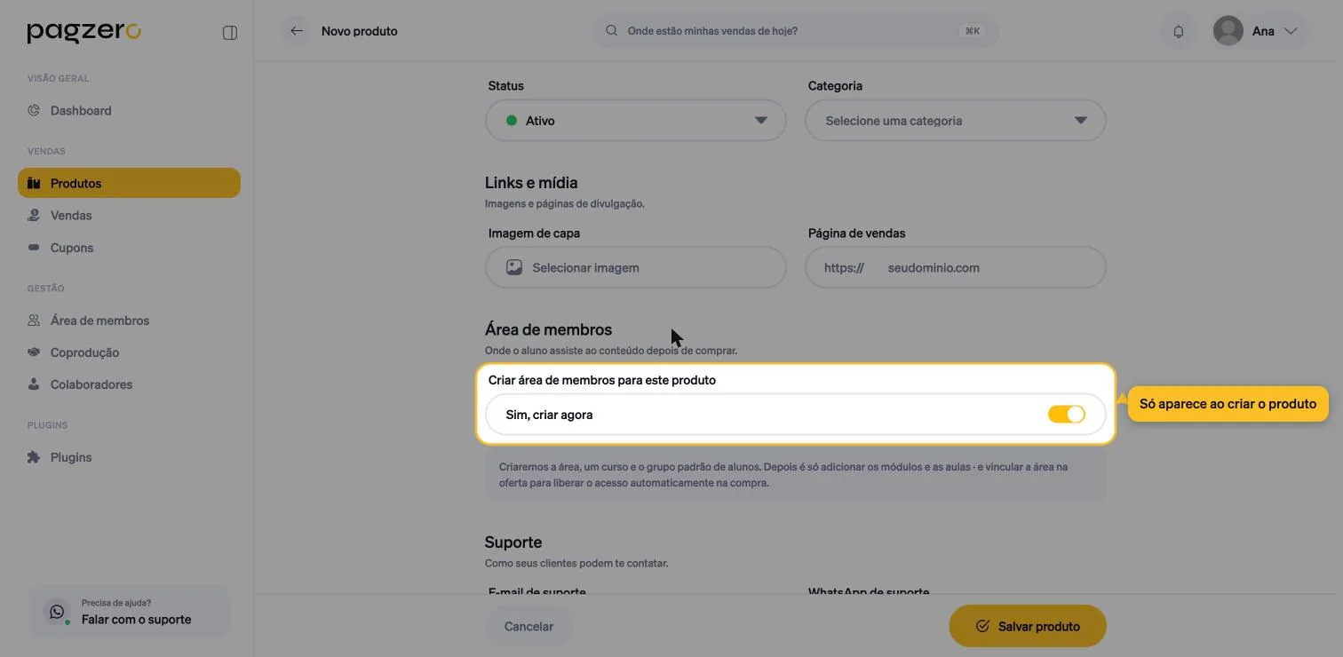 Toggle Criar área de membros ligado, com o aviso do sistema logo abaixo
