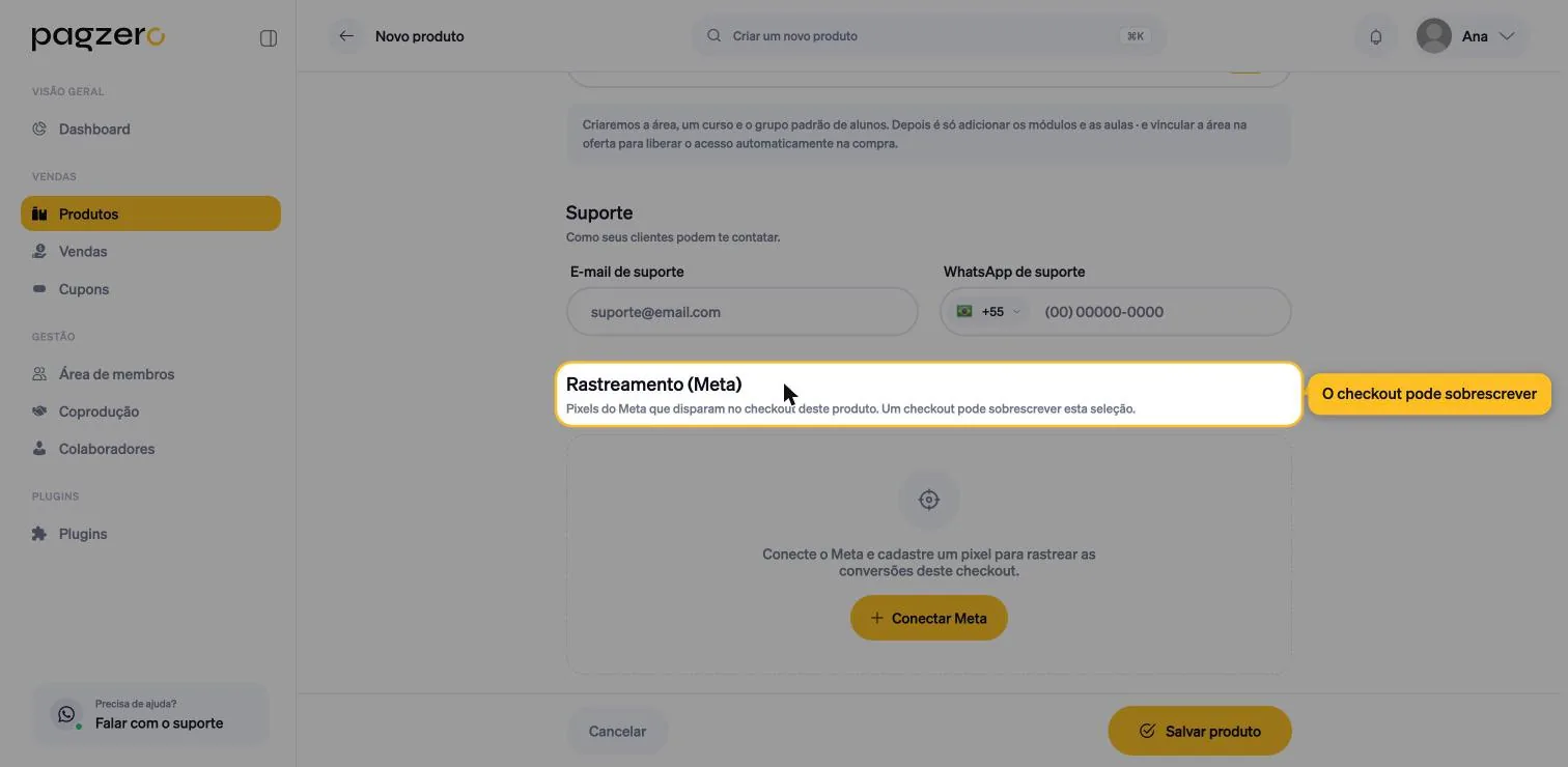 Seção Rastreamento (Meta) destacada, com o botão Conectar Meta ao centro