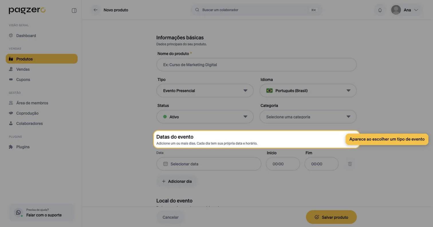 Seção Datas do evento destacada, com os campos Data, Início e Fim