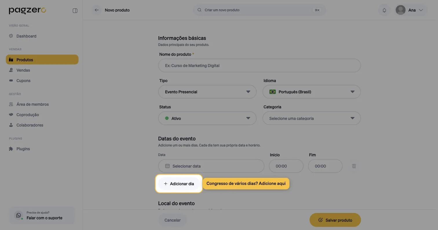Botão Adicionar dia destacado abaixo da primeira linha de data e horário