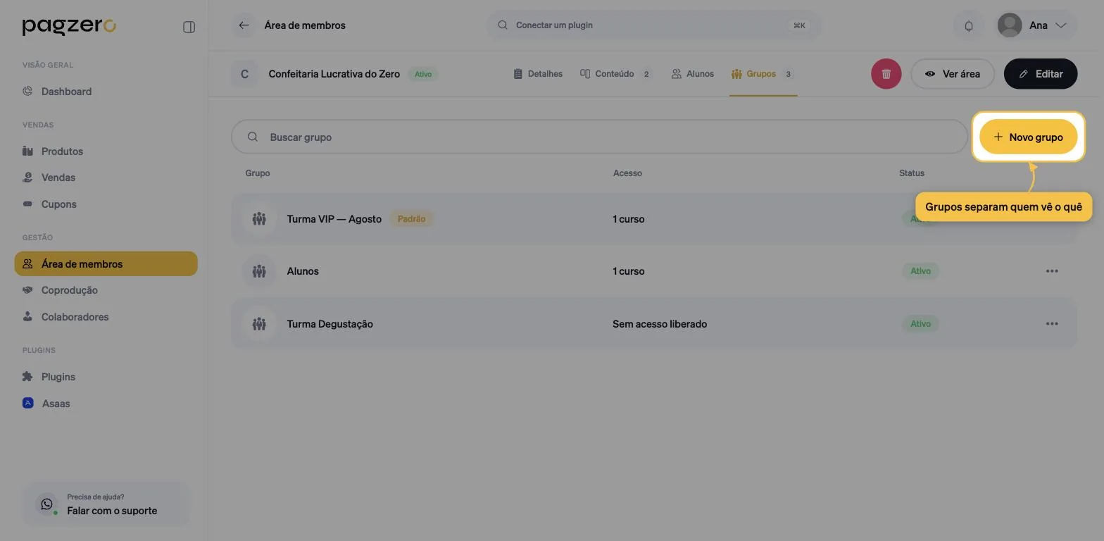 Aba Grupos da área de membros, com a tabela de grupos e o botão mais Novo grupo destacado