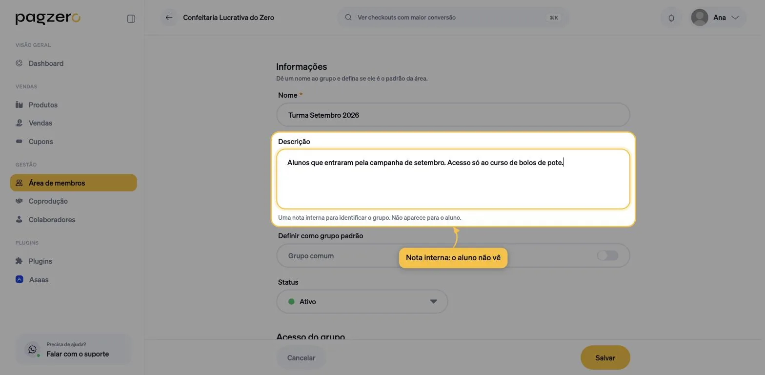 Campo Descrição destacado, com a nota de que o texto não aparece para o aluno