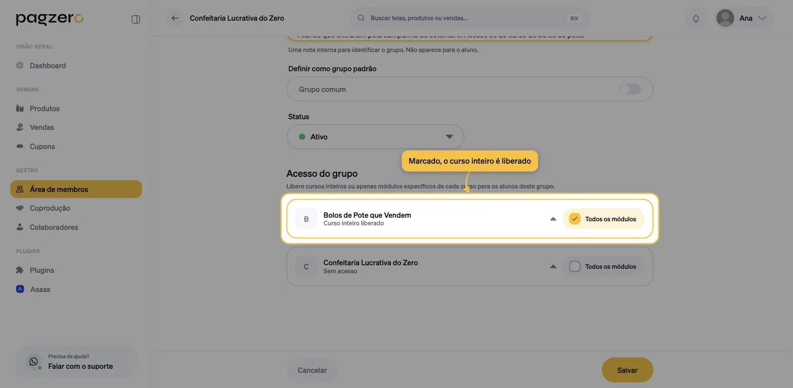 Checkbox Todos os módulos marcado, e o texto abaixo do curso mudando para Curso inteiro liberado